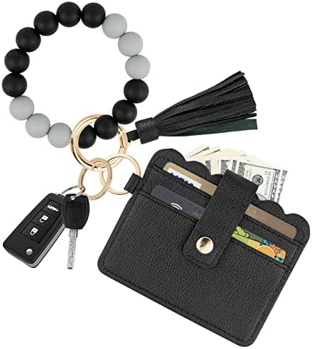KNGITRYI Wallet Keychain Wristlet for Women,Slim RFID Credit Card Holder Purse Tassel Keychain Bangle Key Ring for Men Women (Wave-Black, Wave)