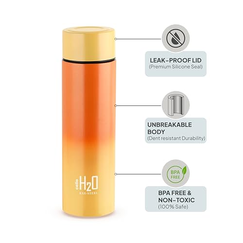 Image of CELLO H2O Luma Stainless Steel Water Bottle For Office Use 1000ml Orange Peach | Single Wall Freezer & Fridge Safe Lightweight & Stylish Leakproof Rustproof Steel Water Bottle For School Kids & Travel
