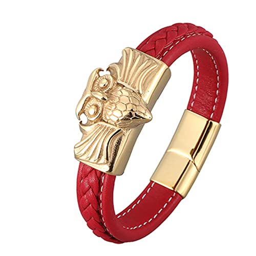 Ayoiow Bracelet Acier Inoxydable Cuir Bracelet Rouge avec Chouette en Or Bracelet en Chaîne pour Homme