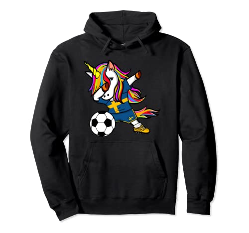 Funny Dabbing Unicorn Sweden Football - Swedish Flag Soccer Pullover Hoodie, Black