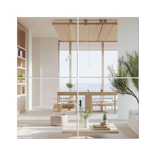 QEEYON 4 pezzi Specchio in Vetro 20 x 20 cm, Piastrelle a Specchio Autoadesive, Specchio Adesivo HD fai da te per Decorazione da Parete, Armadio, Bagno, Soggiorno, Camera da Letto