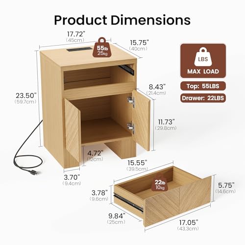 Image of ModernMate 23.5 inch Tall Modern Nightstand, Wood Bedside Table with Drawer, USB-C Port, Wooden Night Stand End Table for Bedroom, Sofa, Chevron Pattern Design, Stable Legs, Natural Oak