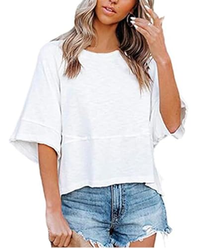 Womens Fashion T-Shirt Crewneck 3/4 Sleeves Solid Color Loose Basic Tops Summer Casual Tees Blouses2
