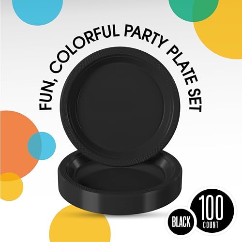Black Plastic Plates For Party 7" Black Disposable Plates Heavy Duty 100 Pcs Plastic Dinnerware Sets Heavy Duty 350 GSM Disposable Dinnerware Set