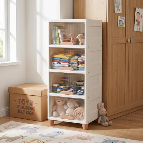 Image of Ash & Roh 4-Tier White Multi-Layer Plastic Storage Cabinet with Transparent Flip Door | Space Saving Organizer for Kitchen, Bedroom, Office | Foldable Stackable Storage Unit with Legs