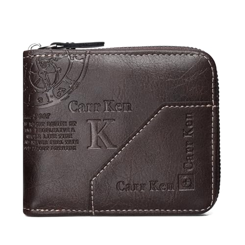 Image of Mens wallet Leather wallet men Wallet Zipper RFID Bifold Wallet for Men ID card Window Credit Card Coin Photo Multifunction Card Slots Gift for Him,Dark Brown