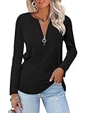 TICTICMISS Women's Long Sleeve Shirts Zipper Color Block V Neck Tunic Tops Casual Blouse Z-black