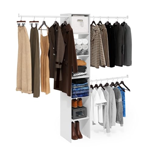 Image of Furinno FANO Closet Organizers and Storage, 5-Tier Closet Storage Organizer with 3 Hanging Bars, Wardrobe Closet Shelf Towers, Adjustable Shelves, for Bedroom, Living Room, White