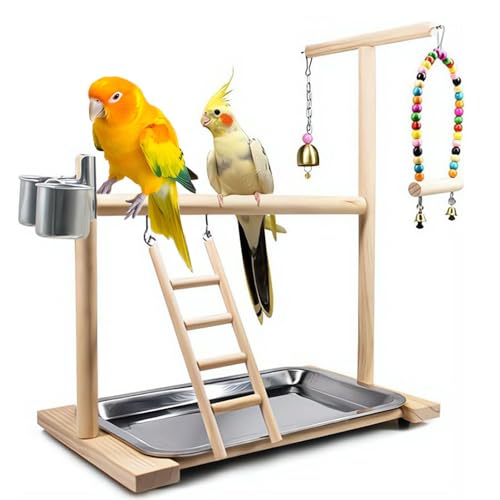 Image of Bird Playground Parrot Playstand, Stand Fun Straw Bell Toys, Ladder Hanging Swing Chew Exercise Toys, for Conure Macaw Cockatiel Finch Small Animals