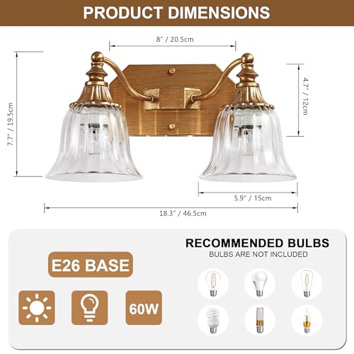 Image of Vintage 2-Light Brushed Gold Vanity Light, Crystal Glass Shade | Antique Gold Finish, Bathroom Lighting Fixtures Over Mirror, Wall Sconce Lighting for Bedroom, Living Room