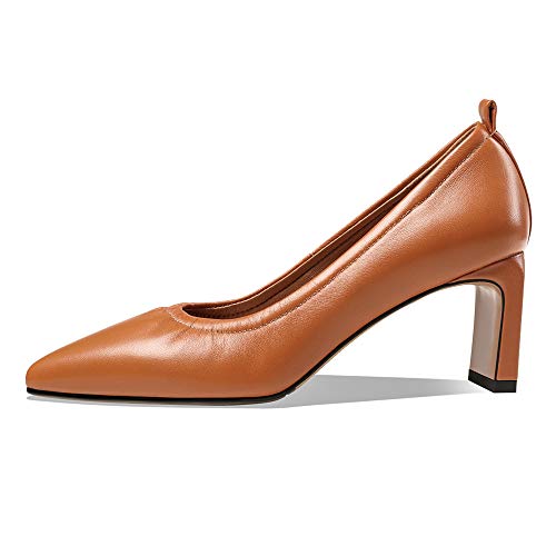TinaCus Women's Handmade Genuine Leather Pointed Toe Mid Block Heel Pumps Shoes2