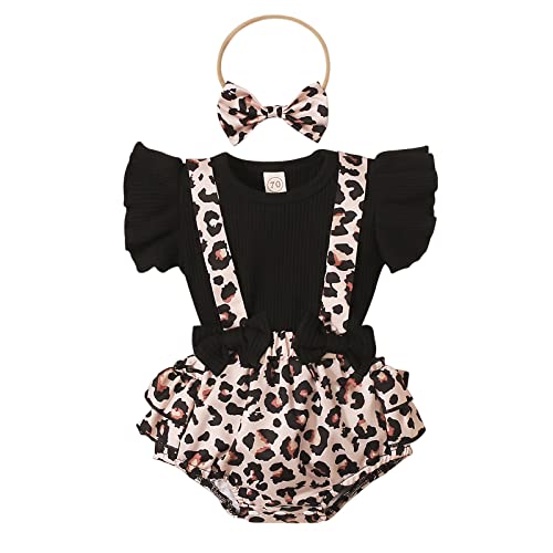 Image of Newborn Baby Girl Clothes Infant Baby Shorts Cute Ruffle Romper Suspender Dresses Jumpsuit Summer Clothing Set Headband Spring Summer Black Brown 6-12 Months 9 Months
