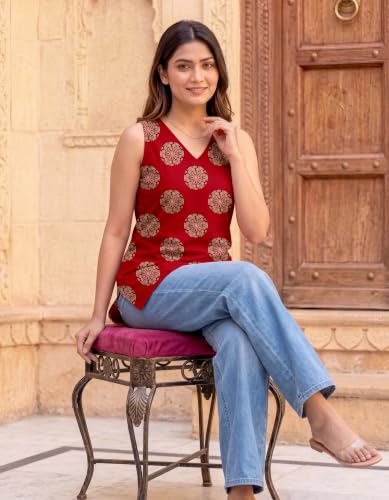 Image of Women's Printed Sleeveless Cotton Kurti Top with V-Neck, Straight Fit Casual Ethnic Tunic for Office, Daily & Casual Wear