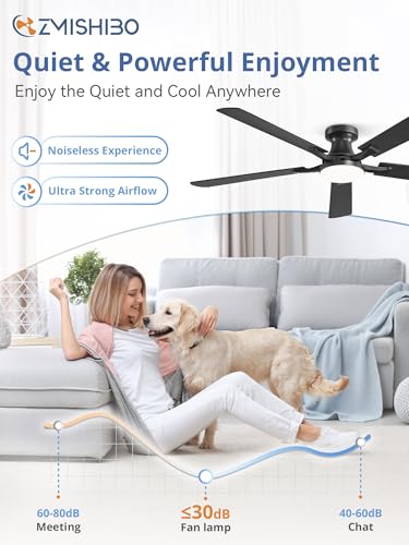 Image of ZMISHIBO 60 Inch Ceiling Fan with Light, App&Remote Control, Flush Mount Low Profile, Dimmable 20W LED Light, Quiet Reversible Motor for Bedroom, Living Room, Apartment, Black