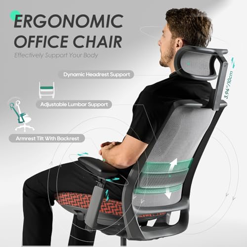 COLAMY Ergonomic Office Chair, Mesh Desk Chair with High Back, Lumbar Support, Adjustable Headrest and 4D Arms, Slide Seat, Tilt Lock-Coral