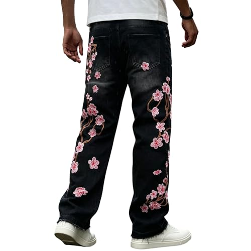 Pantalones vaqueros Y2K holgados estilo Harajuku vintage con flores de ciruelo de pierna ancha