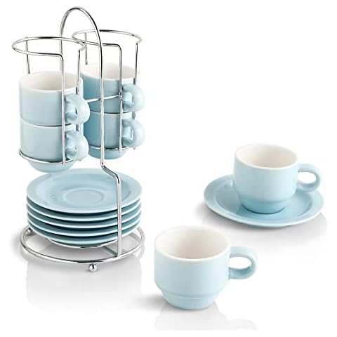 Ronnior Set of 6 Espresso Cups Modern Stackable Ceramic Espresso Coffee Cups 75 ml Espresso Cups Coffee Cups Set with Saucer and Metal Stand for Espresso and Tea (Light Blue) Cover