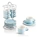 Ronnior Zestaw 6 filiżanek do espresso, nowoczesne filiżanki do kawy do espresso z możliwością układania w stos, filiżanki do espresso 75 ml, zestaw filiżanek do kawy ze spodkiem i metalowym stojakiem do espresso i herbaty (jasnoniebieskie)