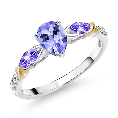 Gem Stone King 925 Silver 10K Yellow Gold Pear Shape Blue Tanzanite and White Lab Grown Diamond Engagement Ring For Women (1.01 Cttw, Gemstone December Birthstone, Available in Size 5,6,7,8,9)