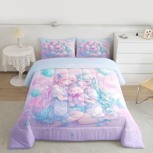 Image of Erosebridal Anime Girl Kids Bedding | Girly Friendship Queen Comforter Sets,Fantasy Dreamy Girls Comforter Romance Ballons Duvet Insert with 2 Pillow Cases