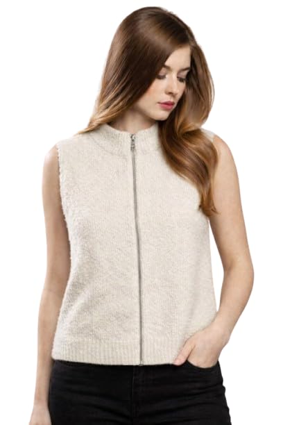 nobarr Women's Cream Sleeveless Zip-Up Sweater Vest | Mock Neck Knit Winter Sweater-picture-12