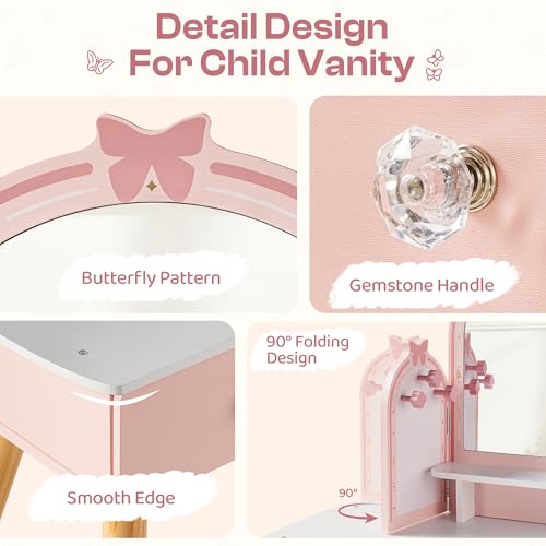 Image of ROBOTIME Pink Kids Vanity Set Butterfly Mirror & Stool Small Girl Vanity Desk with 2 Drawers Kids Make up Pretend Play Table Ideal Birthday for Toddler Age 3+ Bedroom Playroom Decor