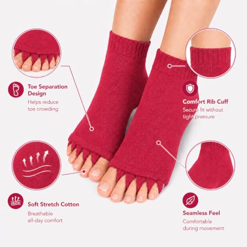 Image of Foot Alignment Orthopedic Cotton Socks for Men & Women | Five Toe Separator | Foot Pain Relief | Bunion Corrector | Plantar Fasciitis Support | Improves Posture & Flexibility | Free Size | Maroon | 1 Pair