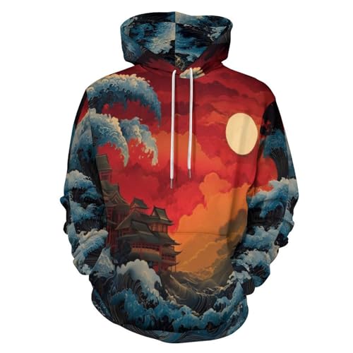 Sweat à capuche art japonais et coucher de soleil orange pour mode décontractée adulte