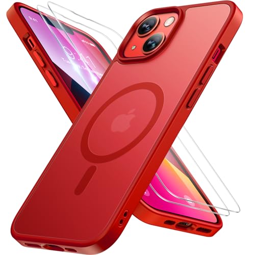 Image of Miracase Magnetic for iPhone 14 Case 6.1 inch (Compatible with MagSafe)(with 2X Screen Protectors) Military-Grade Protection, Anti-Fingerprint Translucent Matte Phone Case Cover, Red
