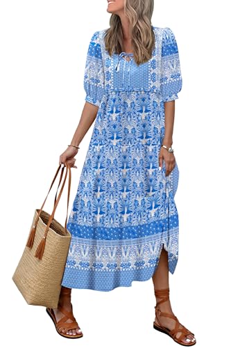 Image of LUXVEER Women's Floral Boho Maxi Dress 2026 Summer V Neck Puff Sleeve Casual Loose Flowy Long Beach Dresses