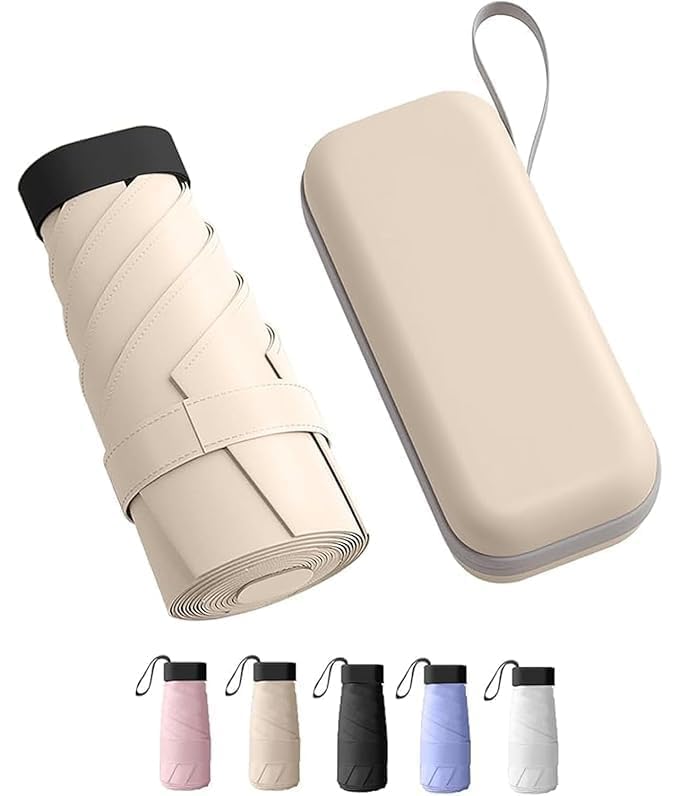 Image of WOOMZY UV Travel Mini Folding Ultra Compact pastel Umbrella with Case, Manual Open 6 Ribs Lightweight Portable, Small Sun & Rain Pocket Umbrella for Men and Women- Use in Rain & Summer (BEIGE)