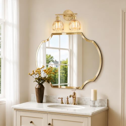 Image of Bathroom Light Fixtures, 2-Light Brushed Gold Vanity Lights for Bathroom with Amber Tulip Glass Shade, 12 inch Vintage Bathroom Vanity Lighting Fixtures Over Mirror for Bedroom Living Room Hallway