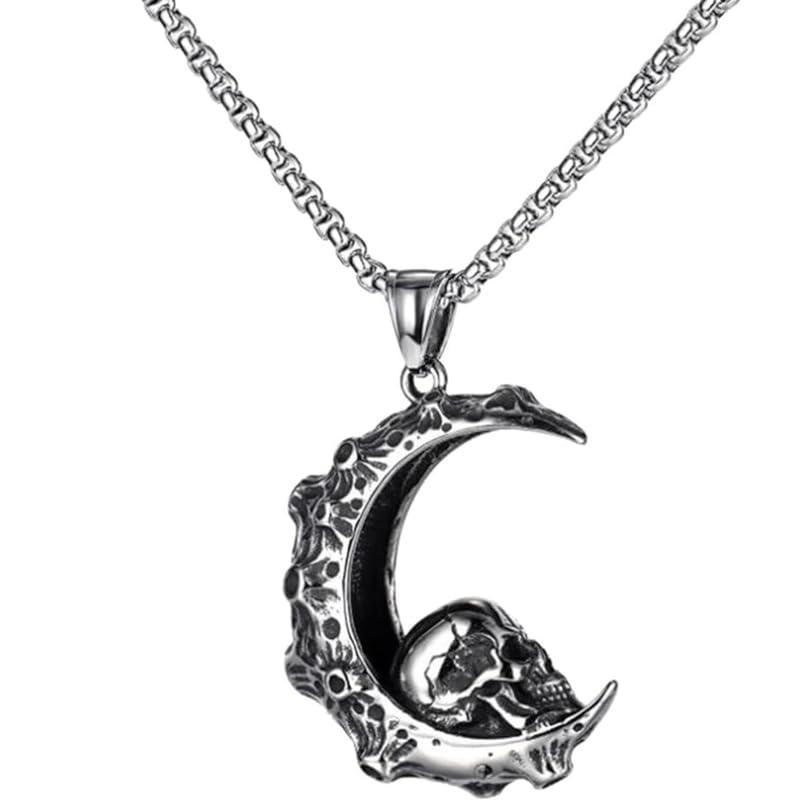 Mens Women Gothic Retro Moon Crescent Skull Stainless Steel Pendant Necklace Silver ShivBLR03-image-23