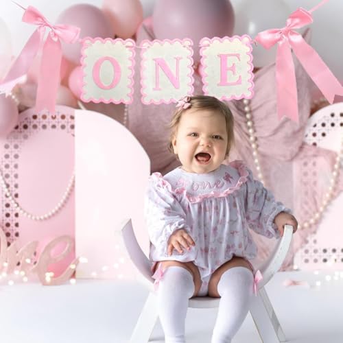Image of Pink and White Bow ONE High Chair Banner and Cake Topper Sweet Pink Bow Highchair Garland One Happy Birthday Highchair Photo Prop