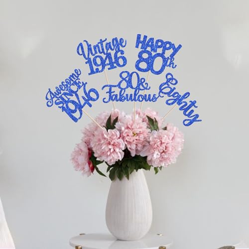 Image of 15 PCS 80th Birthday Centerpiece Sticks Eighty Happy 80 Vintage 1946 Table Flower Centerpieces Sticks Cheers to 80 Fabulous Floral Decorations for 80th Birthday Party Supplies Blue
