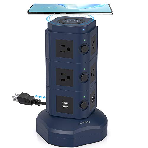 SUPERDANNY Surge Protector Tower with 10W Wireless Charger, Spin Power Strip Tower 13A Vertical Charging Station with 10 AC Outlets+4 USB Slots and 6.5ft Extension Cord for Home Office Garage, Blue