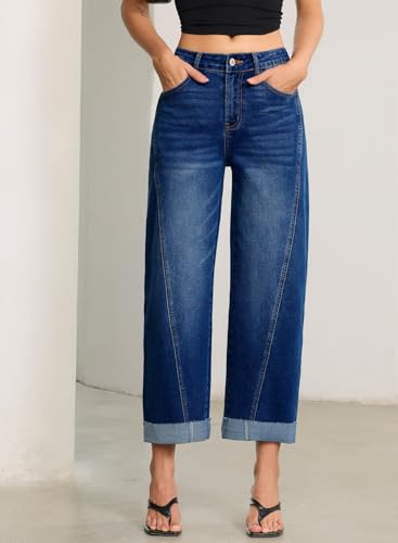 Image of Sidefeel Barrel Jeans for Women High Waisted Wide Leg Baggy Stretchy Trendy Raw Rolled Hem Capri Cropped Ankle Denim Pants