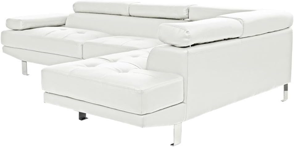 Pemberly Row 2 Piece Faux Leather Sectional Sofa Set, Adjustable Back and Arms, Chrome Metal Legs, Pillow-Top Cushions, 105"W x 77"D x 29"H, Contemporary L-Shaped Design, White Upholstery for Living