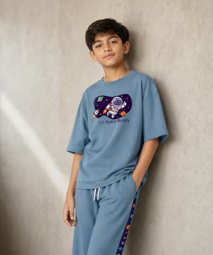 Image of SHODOX Boys Poly Blend Relaxed Fit Co-Ord Set | Printed T-Shirt & Track Pants | Soft Breathable Stylish Summer Casual Comfort Wear for Boys