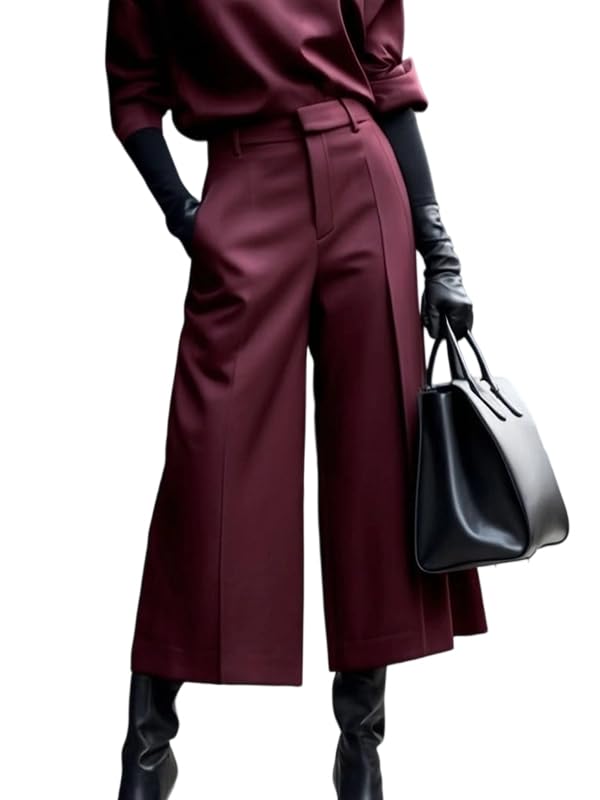 oshoplive Womens High Waisted Wide Leg Ninth Pants Elastic Loose Pleated Cropped Pant