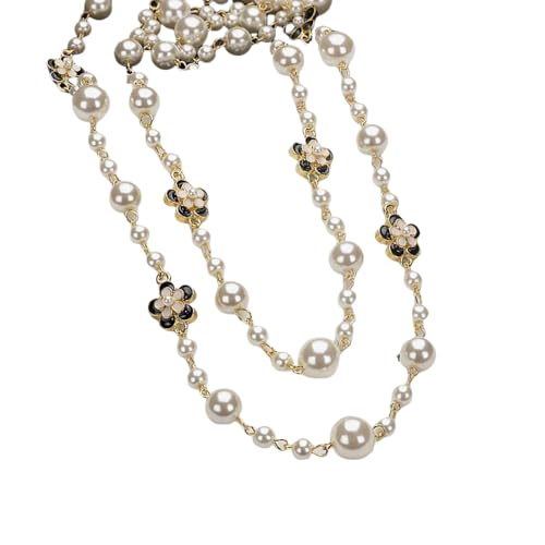 Long Pearl Flower Pendant Neckalce for Women Girls Retro Dainty L...