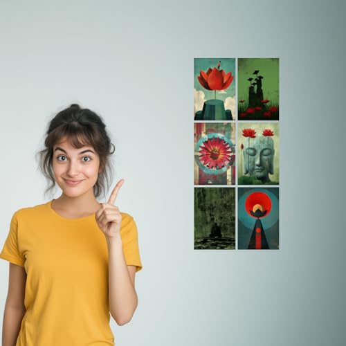 Image of SiddArtify Red - Green Lotus Flower Art Print Set - Set of 2-4x6 Inch - Board (Pack of 6) - Sticker (Pack of 6) Wall Room Decoration art Poster Prints