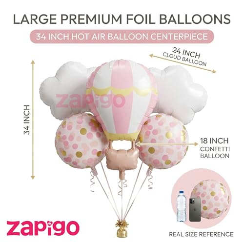 Image of Balloonistics Pink Hotair Balloon And Clouds 1St Birthday Pink Cloud Theme Happy Birthday Balloon Bouquet Pack Of 5
