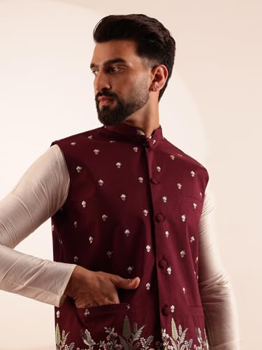 Image of SOJANYA Men's Silk Blend Cream Kurta and Pyjama With Daman Embroidered Nehru Jacket
