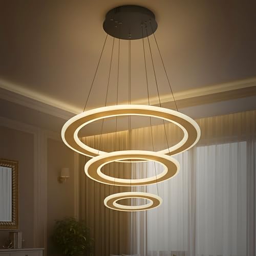 Image of 3 Ring Modern LED Chandelier Ceiling Lamp | Gold Finish Pendant Light with 3 Color | Decorative Chandelier for Living Room, Dining Room, Bedroom, Restaurants & Cafe Interior, Home & Office