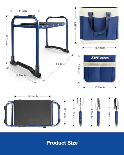 KVR Garden Kneeler and Seat Set 7-Piece Upgraded - Heavy Duty Foldable Bench & Stool with 3 Aluminum Tools, 2 Non-Slip Pouches & Tote Bag - Gardening Chair Gifts for Seniors, Women, Mom - Image 3
