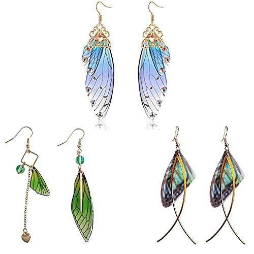 XHBTS 3 works Cicada Wing Earrings Blue Stones The Teardrop of Wings Temperament Than Fairy Teardrop Butterfly Wing Asymmetric Gradient Women Earrings