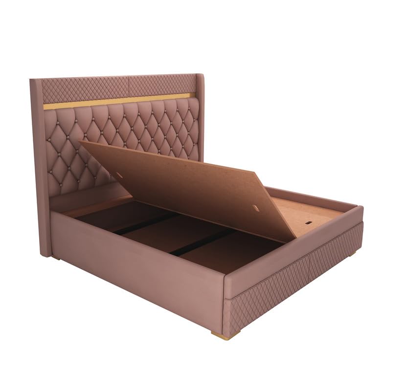 Image of MAMTA DECORATION Solid Wood King Size Bed with Box Storage | Premium Velvet Upholstered Tufted Headboard Palang Cot Bed | Modern Wooden Double Bed for Bedroom, Home, Hotel & Guest Room | Onion Pink