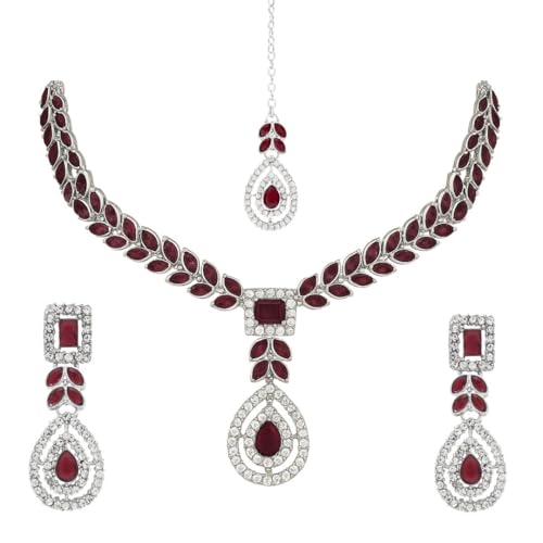 Image of I Jewels Silver Plated Elegant Leaf Motif Necklace Set with Earrings & Maang Tika for Women