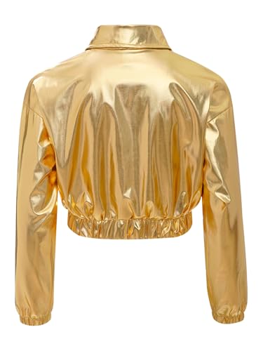 Jhaoyu Kids Girls Shiny Metallic Jacket Coat Long Sleeve Turn-down Collar with Flap Pockets For Hip Hop Dancewear4